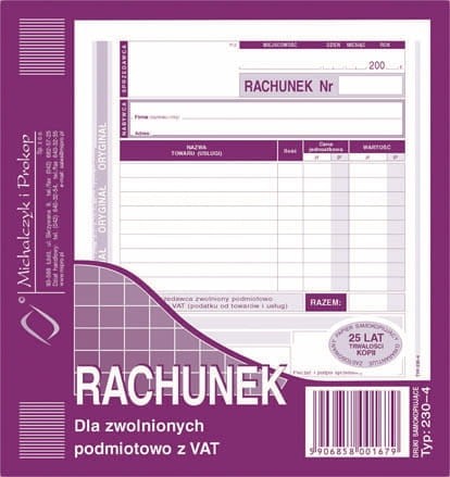 Rachunek 2/3 A5 dla zwolnionych podmiotów z  VAT 230-4 O+K M&P