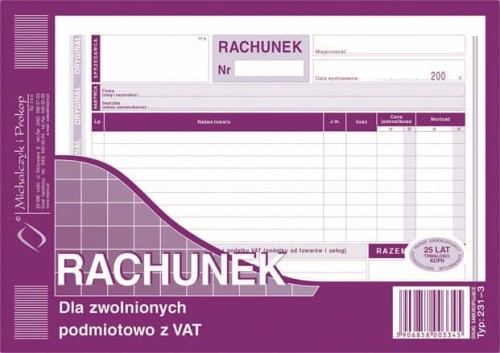 Rachunek A5 dla zwolnionych podmiotów z  VAT poziom 231-3 O+K M&P