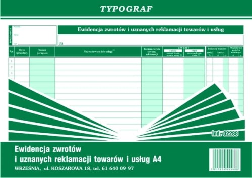 EWIDENCJA ZWROTÓW I UZNANYCH REKLAMACJI 02288 TOWARÓW I USLUG A4 50K  TYPOGRAF