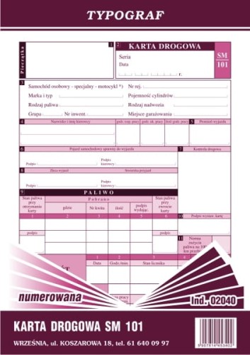 KARTA DROGOWA SAMOCHÓD OSOBOWY A5 02040 SM101 NUMEROWANA TYPOGRAF