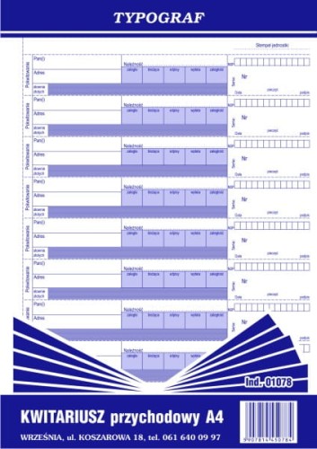 KWITARIUSZ PRZYCHODOWY A4 (30 kartek) 01078 K-104 NUMEROWANY TYPOGRAF 