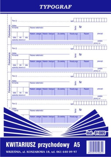 KWITARIUSZ PRZYCHODOWY A5 (60 kartek) 01085 K-103 NUMEROWANY TYPOGRAF 