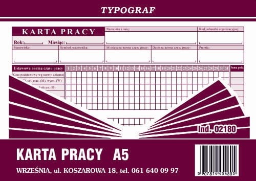 KARTA PRACY A5 40 kartek 02180 TYPOGRAF