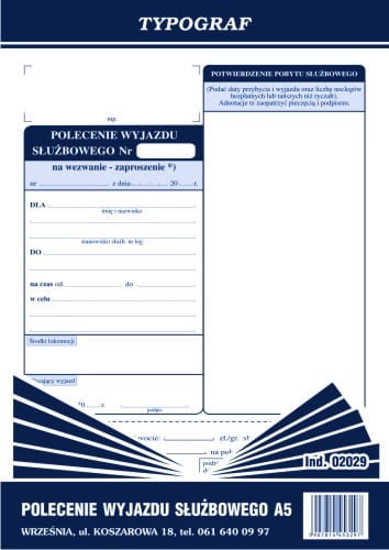 Polecenie wyjazdu służbowego A5 50 kartek offset 02029 TYPOGRAF (delegacja)