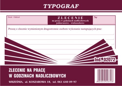 Zlecenie na pracę w godzinach nadliczbowych A6 80K 02072 TYPOGRAF