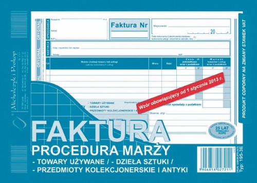 Faktura procedura marży A5 195-3E M&P O+K (towry używane, dieła sztuki, przedmioty kolekcjonerskie, antyki)