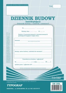 Dziennik budowy A4 20 numerowanych stron (10 orginał + 10 kopia) samokopiujący 02276 TYPOGRAF