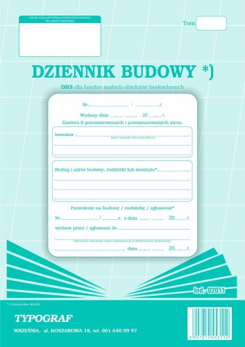 Dziennik budowy A4 8 numerowanych stron DB3 dla bardzo małych obiektów 02011 TYPOGRAF