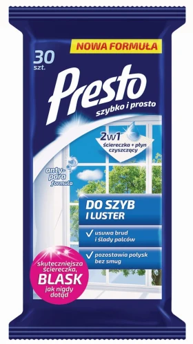 Nawilżane ściereczki do szyb i luster PRESTO 30szt. białe