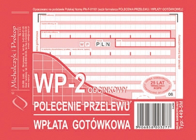 POLECENIE PRZELEWU A6 WPŁATA GOTÓWKOWA WP-2 ODCINKOWY449-5M M&P