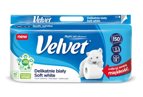 Papier toaletowy biały 8 rolek 3 warstwy Velvet Delikatnie Biały