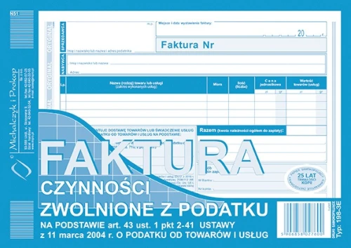 FAKTURA CZYNNOŚCI ZWOLNIONE Z PODATKU A5 198-3E M&P
