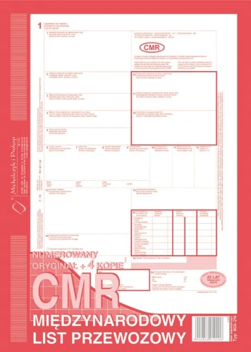 CMR Międzynarodowy List Przewozowy A4 oryginał + 4 kopie 800-2N numerowany M&P