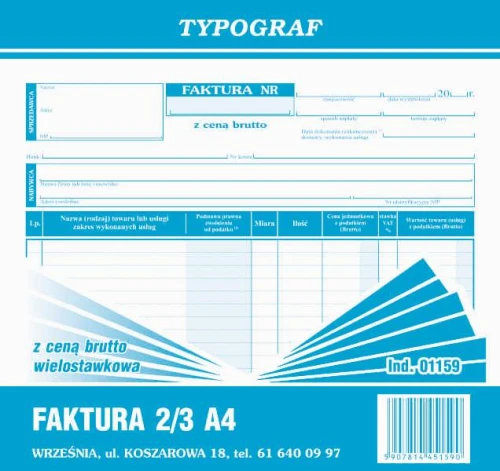 FAKTURA BRUTTO 2/3 A4 01159 WIELOSTAW.TYPOGRAF 80K/S