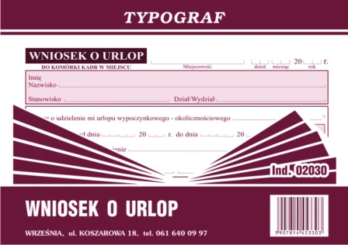 WNIOSEK O URLOP A6 02030 80K/OFFSET TYPOGRAF