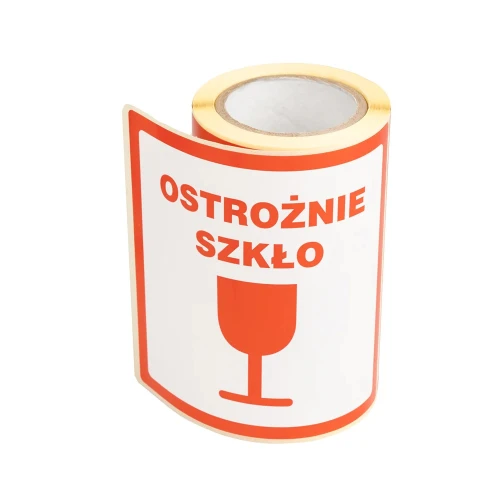 Etykiety z nadrukiem “Ostrożnie szkło” 100x100mm (100 sztuk)