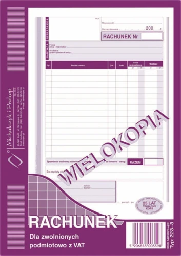 Rachunek A5 dla zwolnionych podmiotów z  VAT pion 223-3 wielokopia M&P