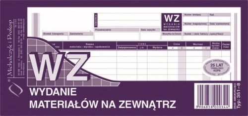 WZ 1/3 A4 WYDANIE MATERIAŁU NA ZEWNĄTRZ 351-8 80K/S M&P