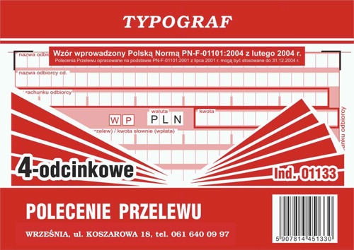 POLECENIE PRZELEWU A6 WPŁATA GOTÓWKOWA WP-4 ODCINKOWY 01133 TYPOGRAF